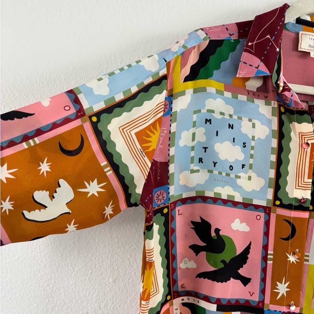 SÉZANE X PANGEA MAX SHIRT 100% Silk Button Down Long Sleeve Patchwork Multicolor - Picture 6 of 13